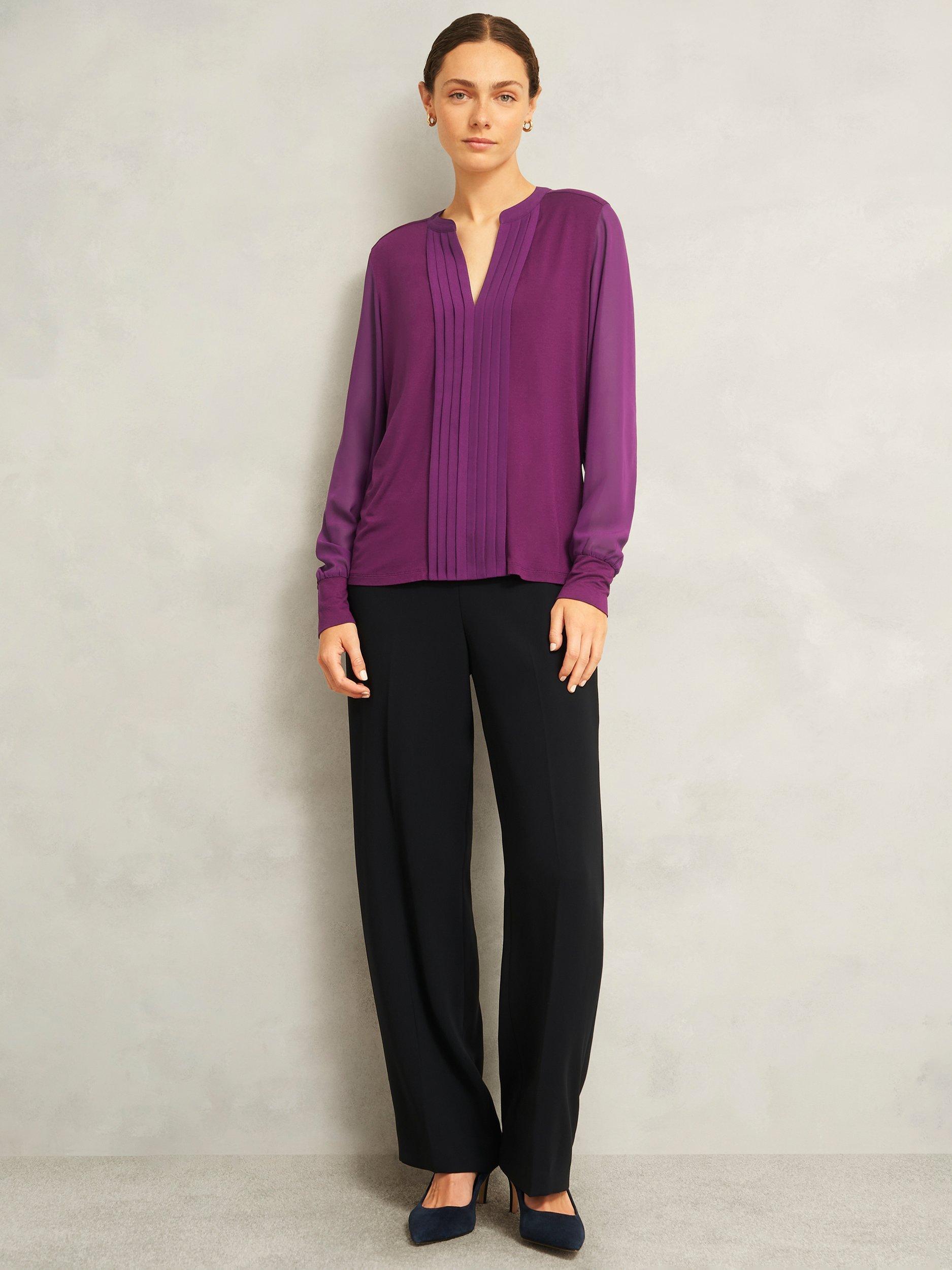 Product image 1 of 5, which shows Hobbs Darcy Pintuck Long Sleeve Top, Purple, S