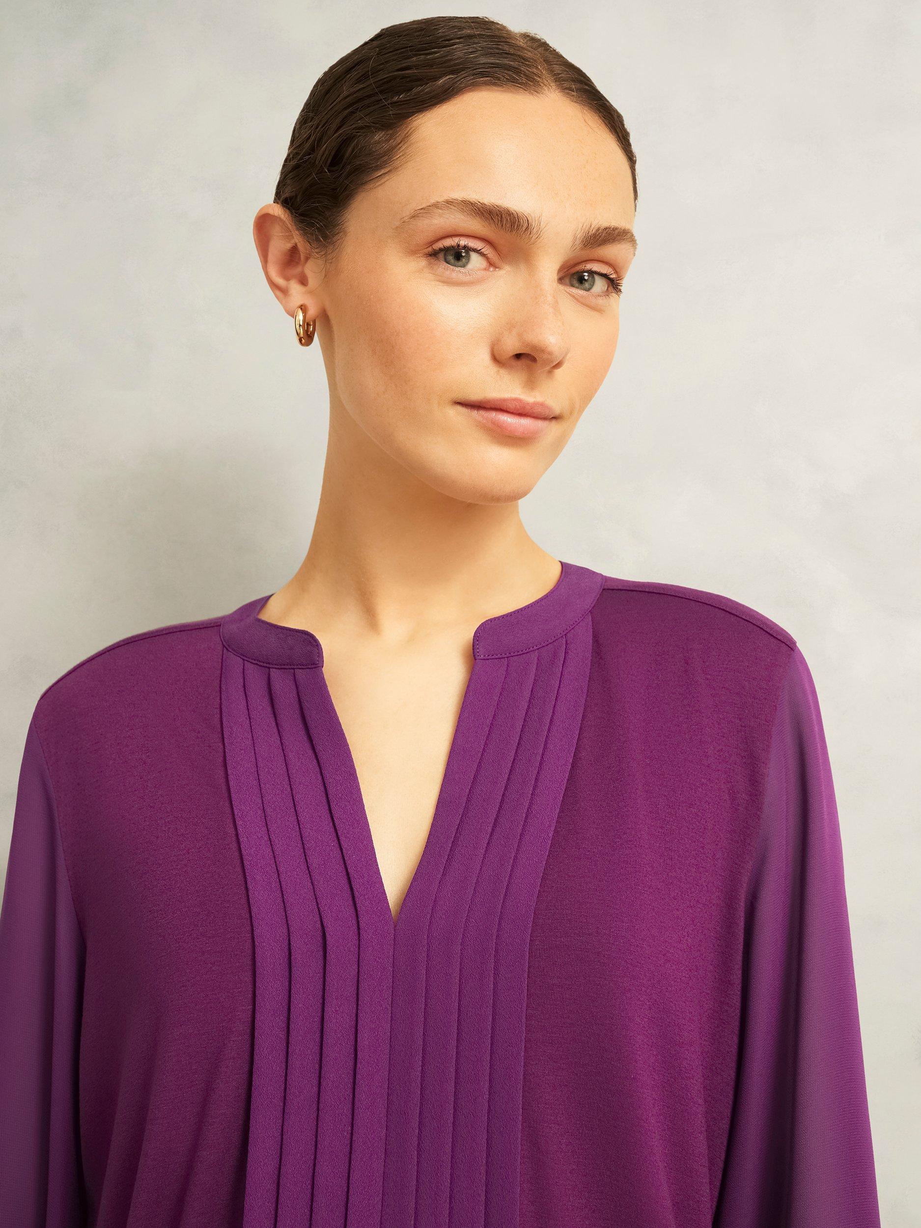 Product image 3 of 5, which shows Hobbs Darcy Pintuck Long Sleeve Top, Purple, S
