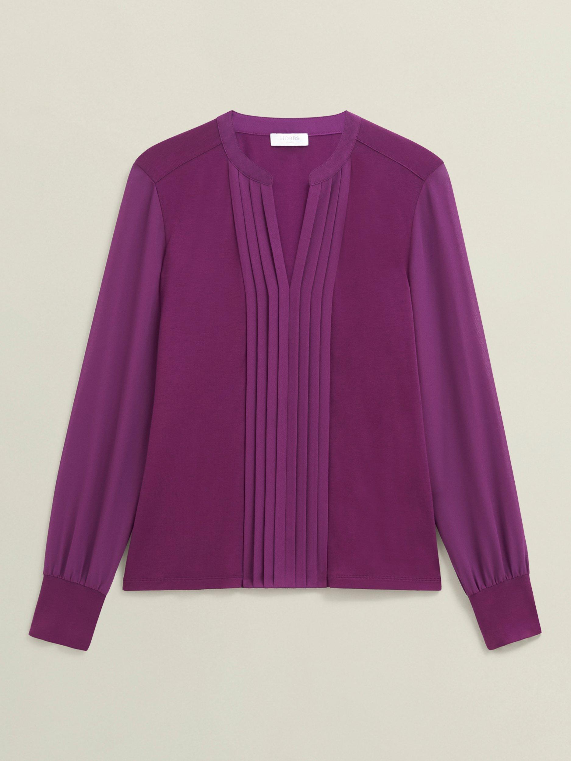 Product image 4 of 5, which shows Hobbs Darcy Pintuck Long Sleeve Top, Purple, S