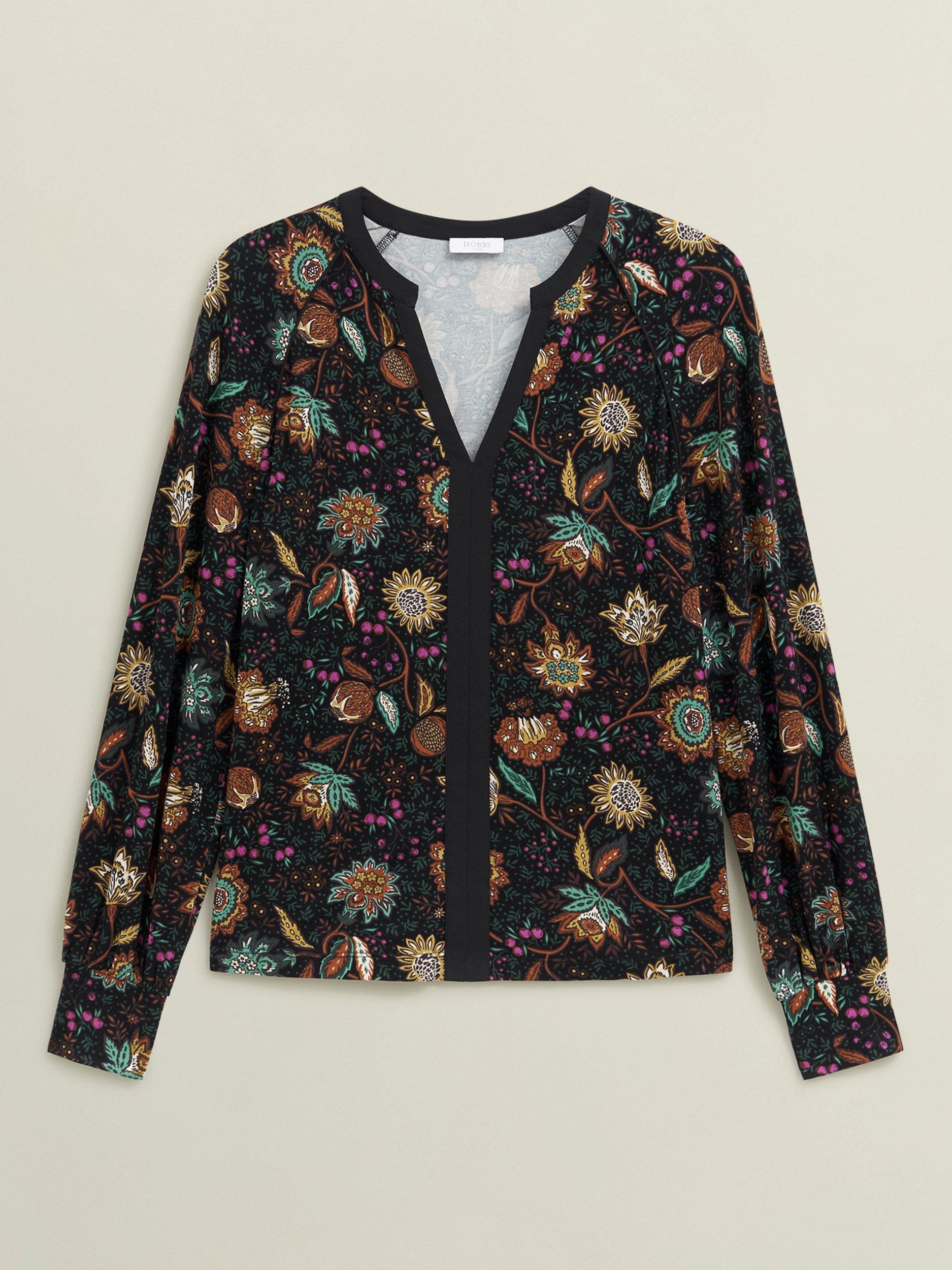 Product image 4 of 6, which shows Hobbs Zelia Botanical Long Sleeve Top, Black/Multi, S