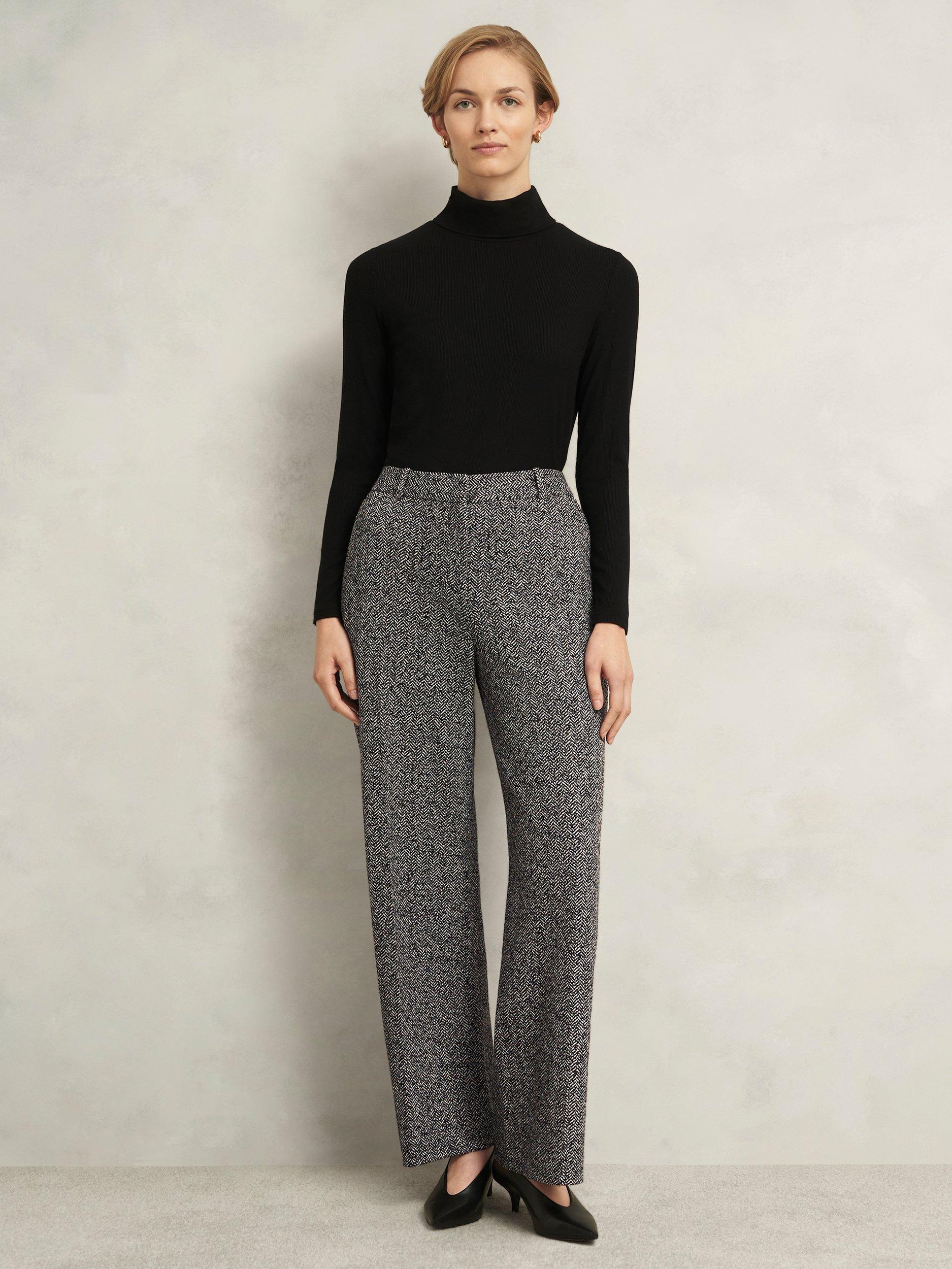 Product image 1 of 6, which shows Hobbs Marlyn Wool Blend Herringbone Straight Trousers, Black/White, 10