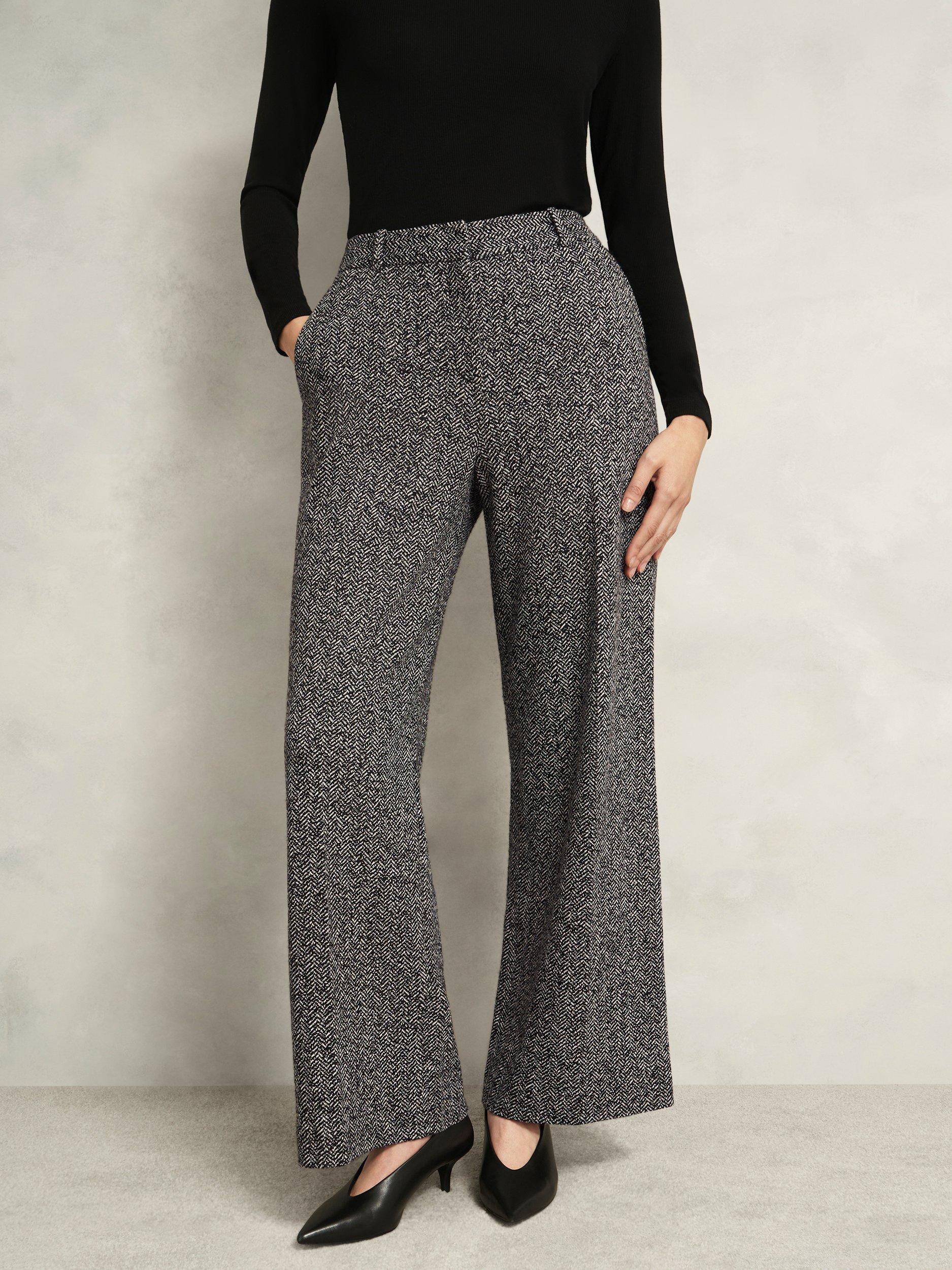 Product image 5 of 6, which shows Hobbs Marlyn Wool Blend Herringbone Straight Trousers, Black/White, 10