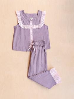 TBCo Pinstripe Frill Cropped Pyjama Set, Burgundy/Pink, Burgundy/Pink