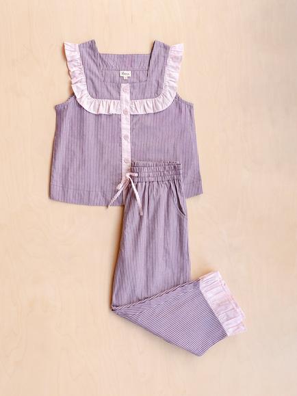 TBCo Pinstripe Frill Cropped Pyjama Set, Burgundy/Pink - view 2, Burgundy/Pink