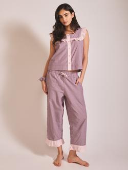 TBCo Pinstripe Frill Cropped Pyjama Set, Burgundy/Pink, Burgundy/Pink
