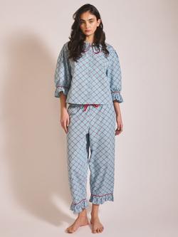 TBCo Lattice Button Through Cropped Pyjama Set, Blue/Red