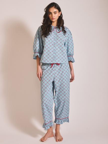 TBCo Lattice Button Through Cropped Pyjama Set, Blue/Red, Blue/Red