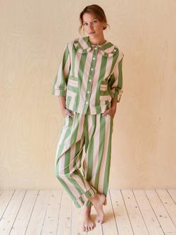 TBCo Stripe Button Through Cropped Pyjama Set, Green/Pink, Green/Pink