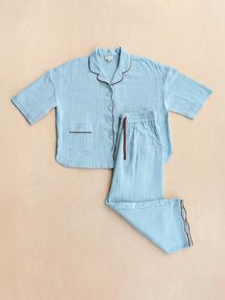 TBCo Gauze Scallop Button Through Cropped Pyjama Set, Blue