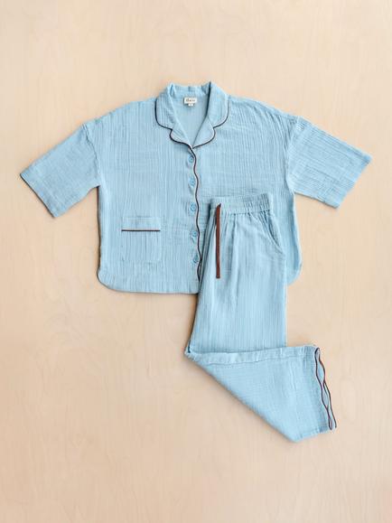 TBCo Gauze Scallop Button Through Cropped Pyjama Set, Blue - view 2, Blue