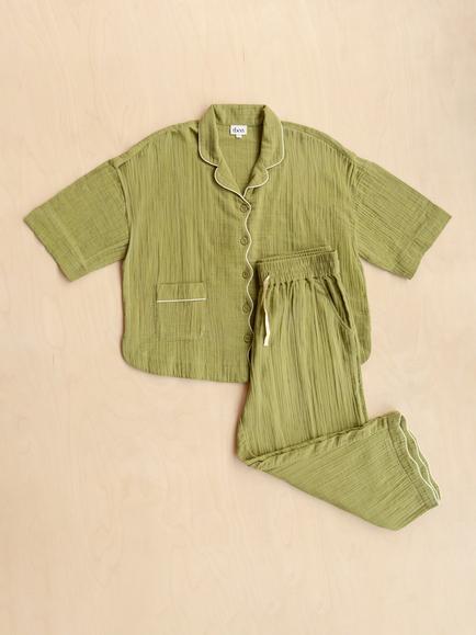 TBCo Gauze Scallop Button Through Cropped Pyjama Set, Green - view 2, Green