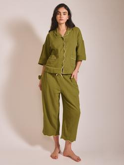TBCo Gauze Scallop Button Through Cropped Pyjama Set, Green, Green