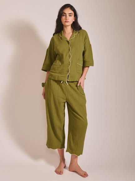 TBCo Gauze Scallop Button Through Cropped Pyjama Set, Green, Green