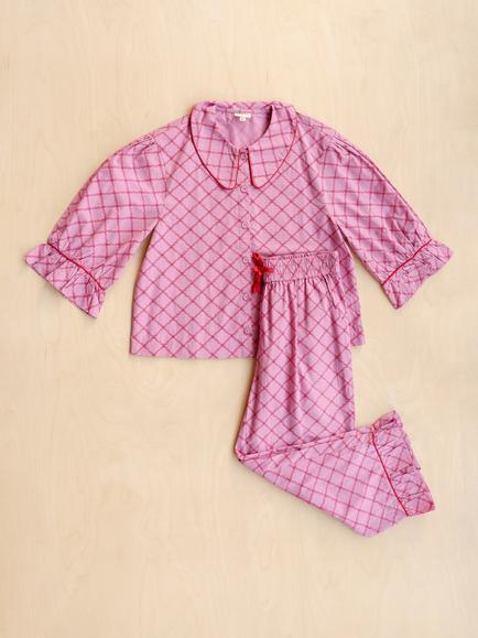 TBCo Lattice Button Through Cropped Pyjama Set, Rose/Red - view 2, Rose/Red
