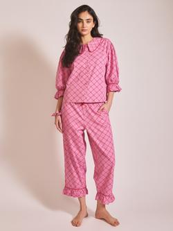 TBCo Lattice Button Through Cropped Pyjama Set, Rose/Red, Rose/Red