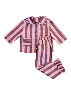 TBCo Stripe Button Through Cropped Pyjama Set, Burgundy/Pink, Burgundy/Pink