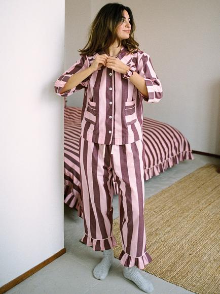 TBCo Stripe Button Through Cropped Pyjama Set, Burgundy/Pink, Burgundy/Pink