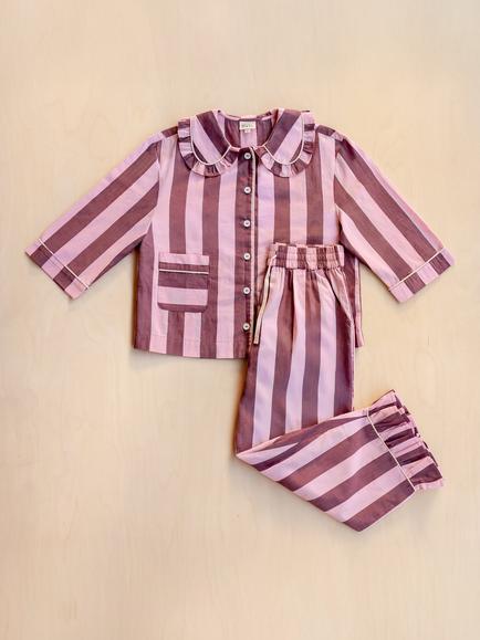 TBCo Stripe Button Through Cropped Pyjama Set, Burgundy/Pink - view 2, Burgundy/Pink