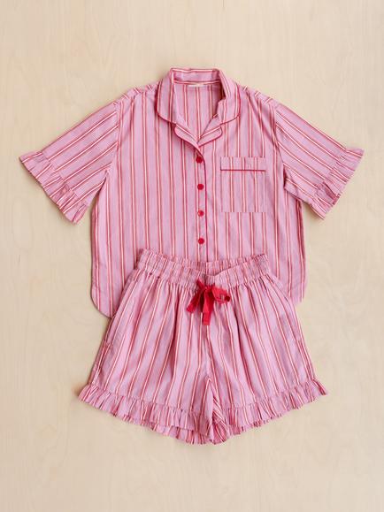TBCo Stripe Frill Button Through Short Pyjama Set, Red/Rose - view 2, Red/Rose