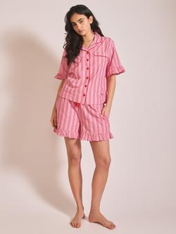 TBCo Stripe Frill Button Through Short Pyjama Set, Red/Rose, Red/Rose