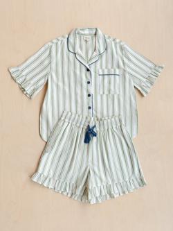 TBCo Stripe Frill Button Through Short Pyjama Set, Ivory/Olive