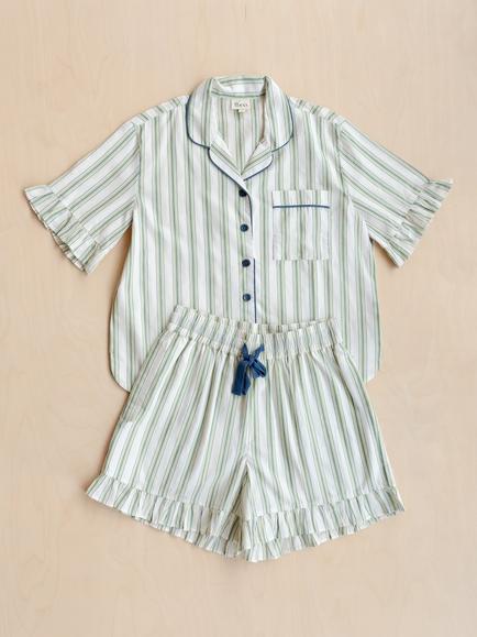 TBCo Stripe Frill Button Through Short Pyjama Set, Ivory/Olive - view 2, Ivory/Olive
