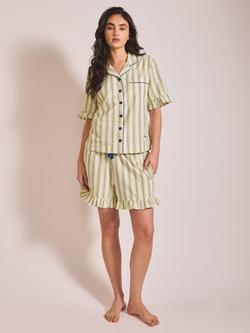 TBCo Stripe Frill Button Through Short Pyjama Set, Ivory/Olive, Ivory/Olive