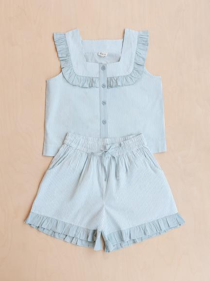 TBCo Stripe Frill Short Pyjama Set, Blue/Ivory - view 2, Blue/Ivory
