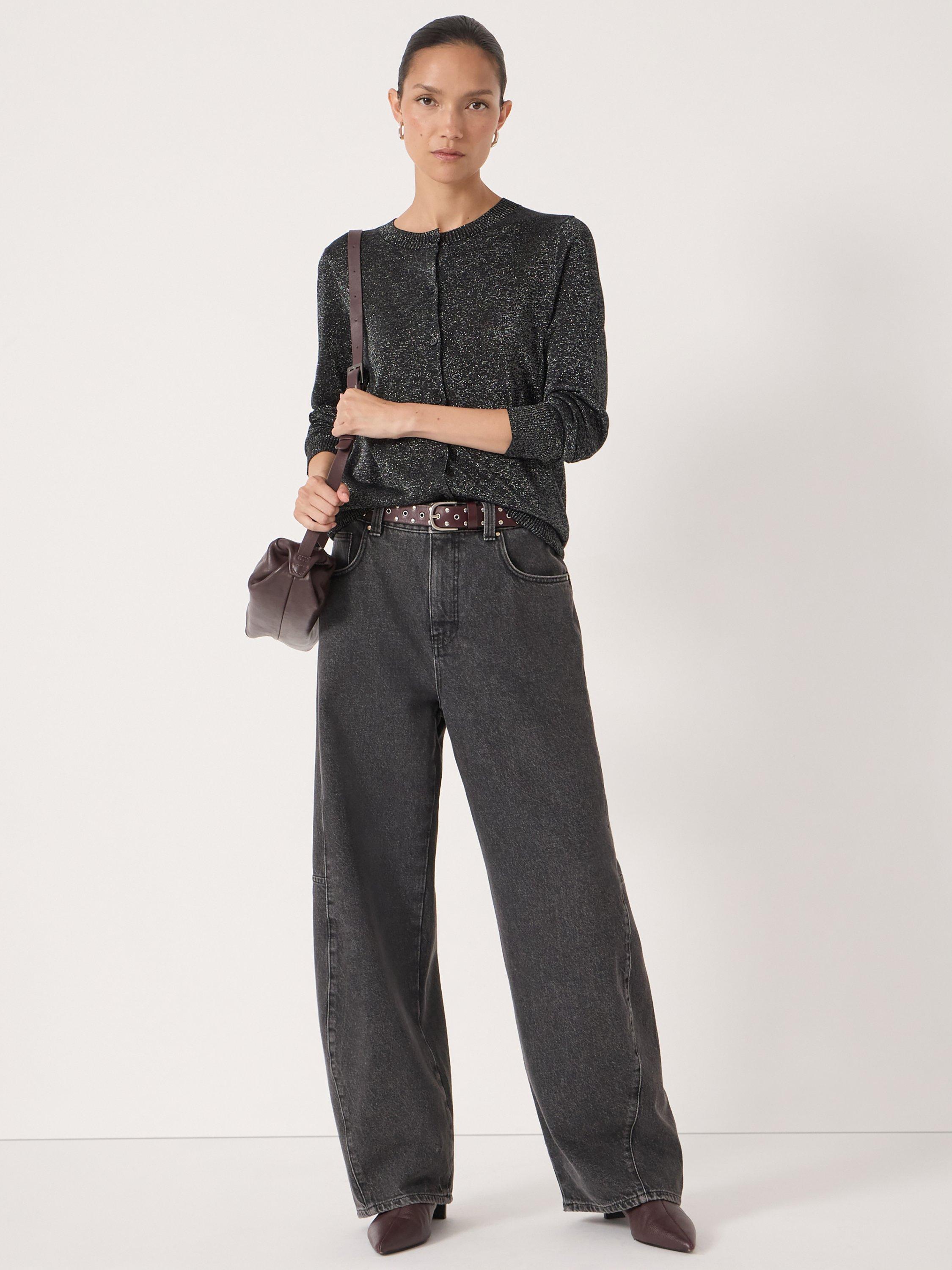 Product image 1 of 6, which shows HUSH Metallic Round Neck Cardigan, Silver, L