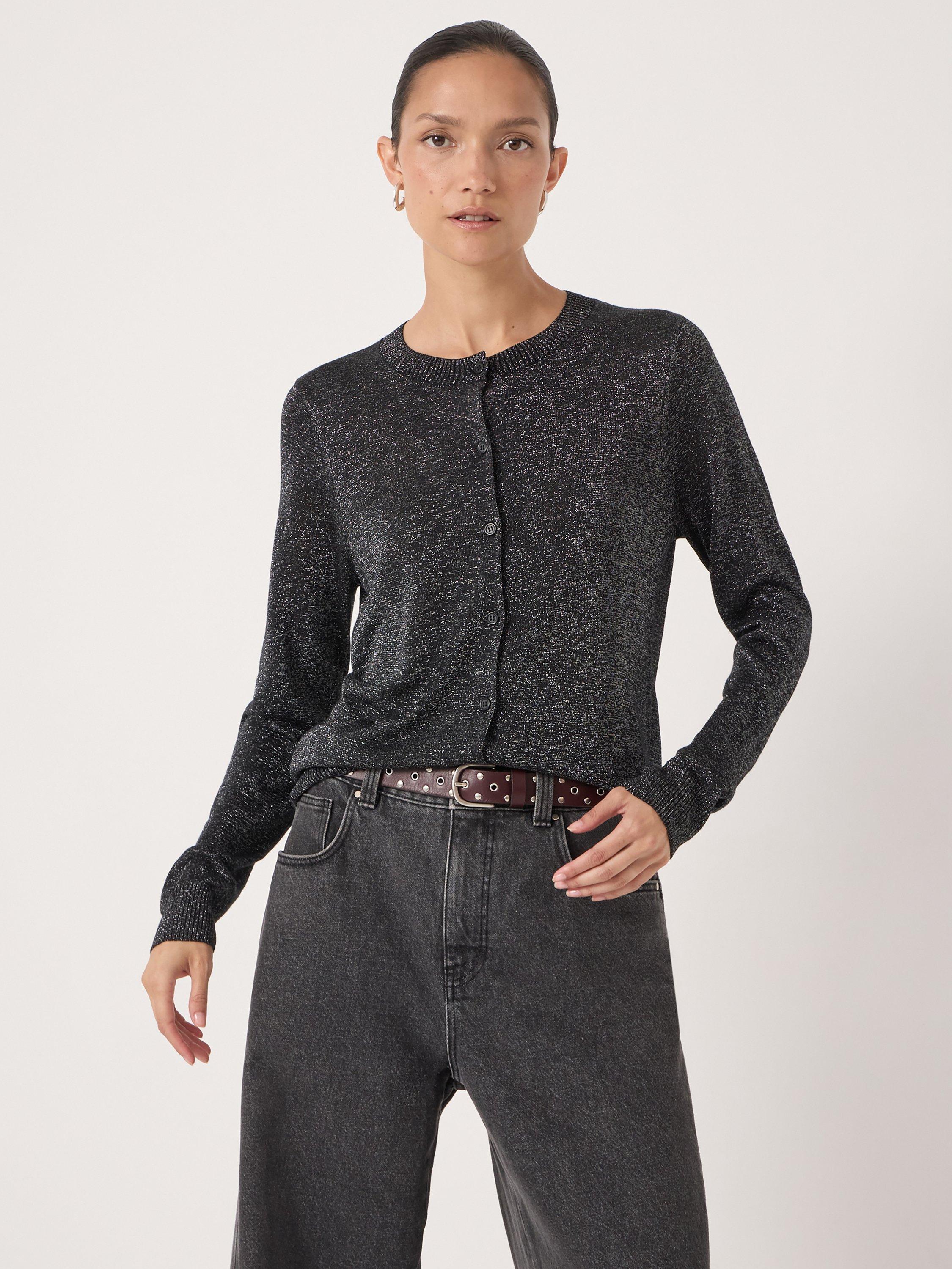 Product image 2 of 6, which shows HUSH Metallic Round Neck Cardigan, Silver, L