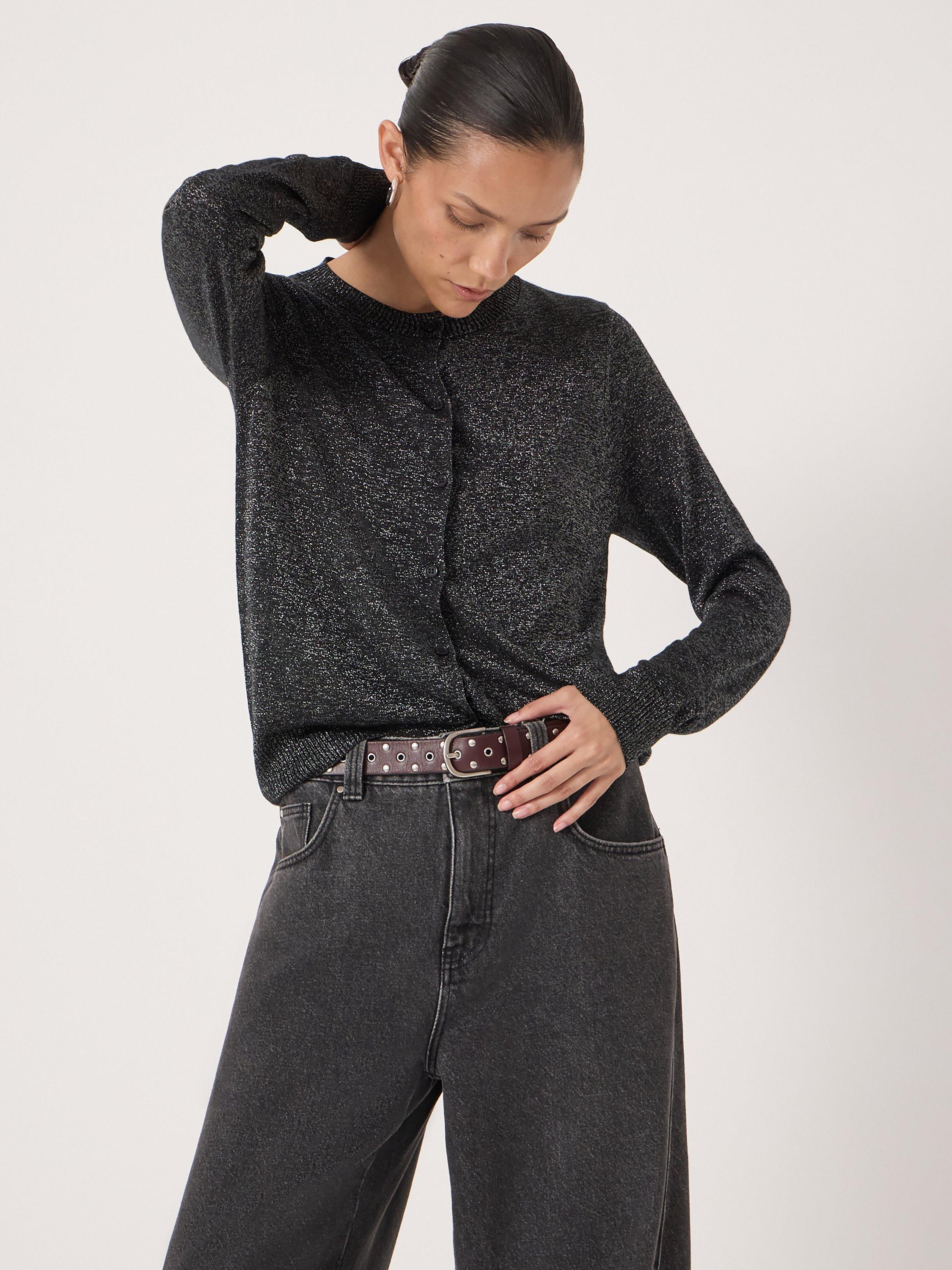 Product image 3 of 6, which shows HUSH Metallic Round Neck Cardigan, Silver, L