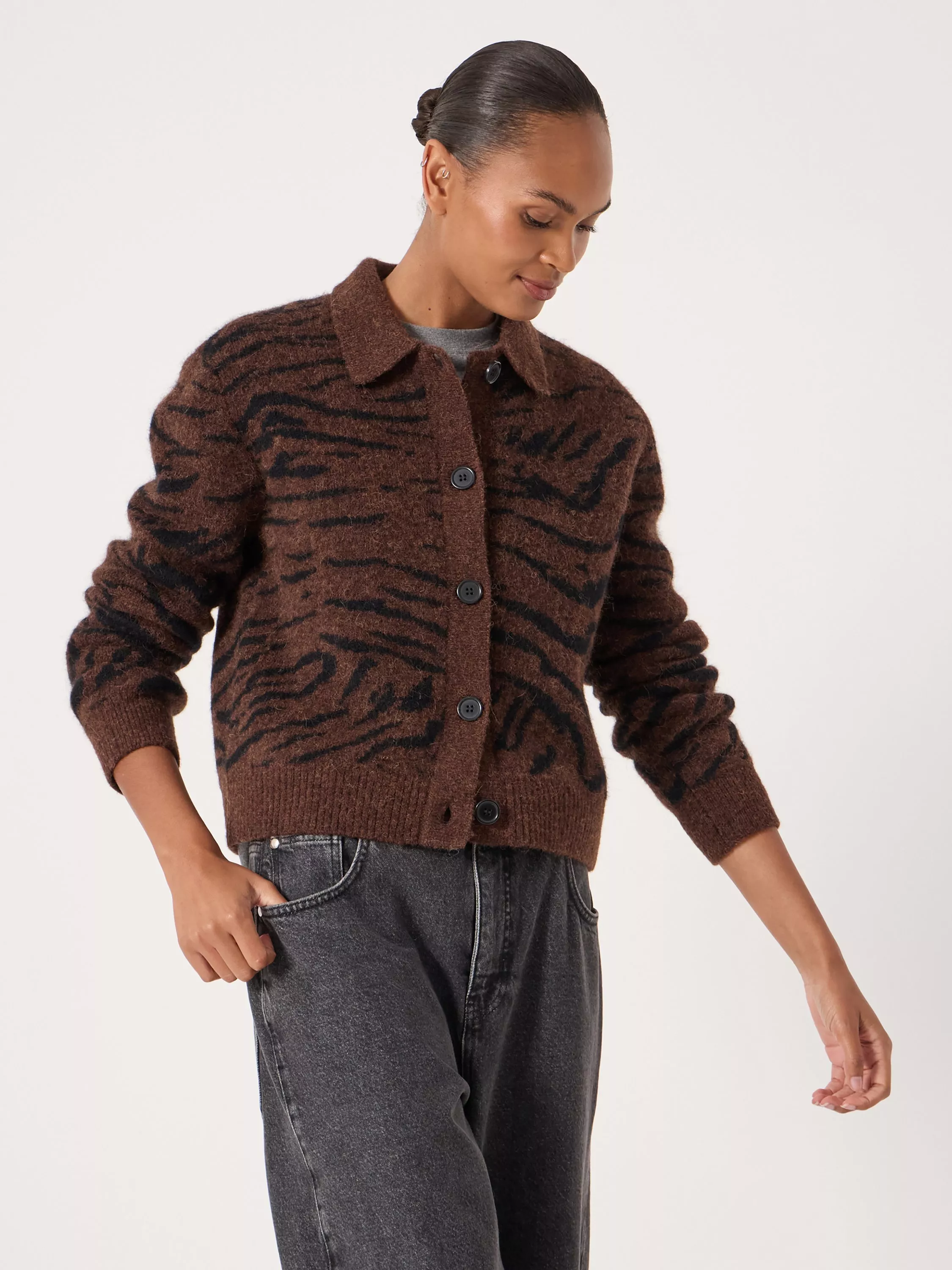 Jumpers Hush Cardigans HUSH Wool Blend Animal Print Collar Neck