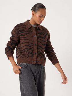 HUSH Wool Blend Animal Print Collar Neck Knit Cardigan, Dark Brown, Dark Brown