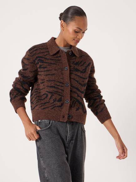 HUSH Wool Blend Animal Print Collar Neck Knit Cardigan, Dark Brown, Dark Brown