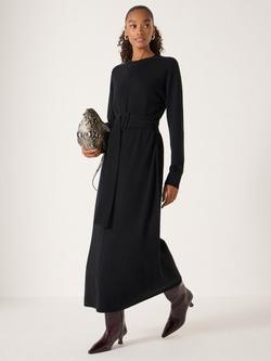 HUSH Wool Long Sleeve Round Neck Buckle Midi Dress, Black