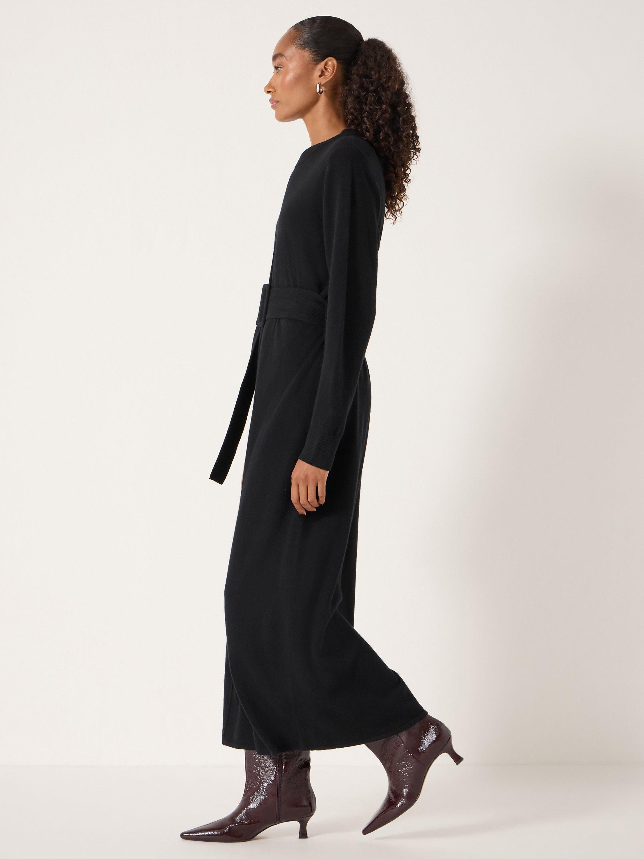 Product image 2 of 4, which shows HUSH Wool Long Sleeve Round Neck Buckle Midi Dress, Black, L-XL