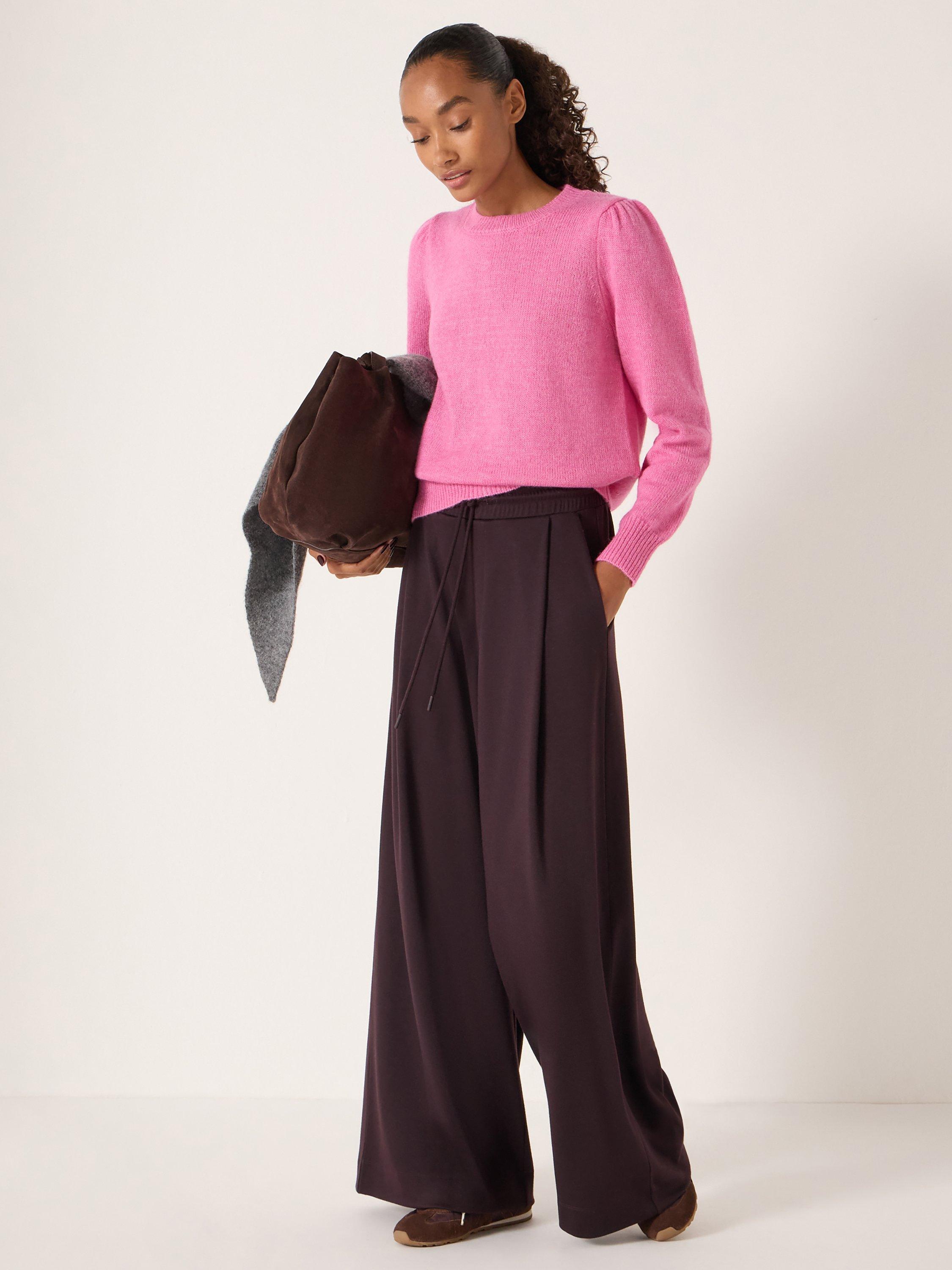 Product image 1 of 6, which shows HUSH Gathered Shoulder Wool Blend Jumper, Bright Pink, M-L