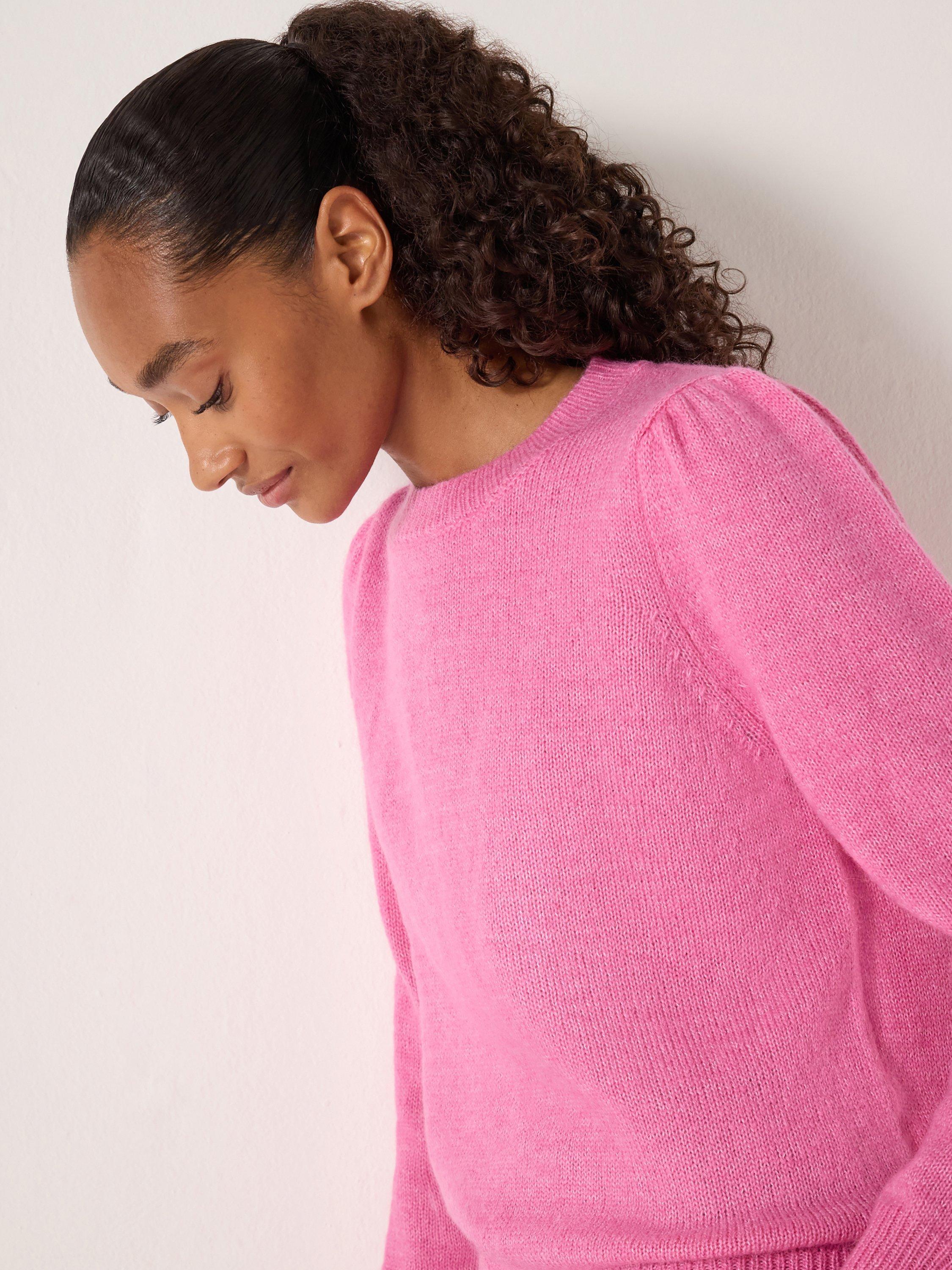 Product image 6 of 6, which shows HUSH Gathered Shoulder Wool Blend Jumper, Bright Pink, M-L
