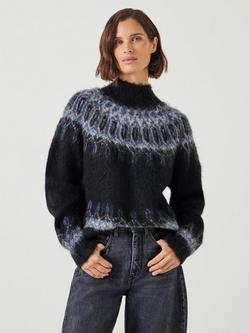 HUSH Fair Isle Yoke Brushed Jumper, Black Mix, Black Mix