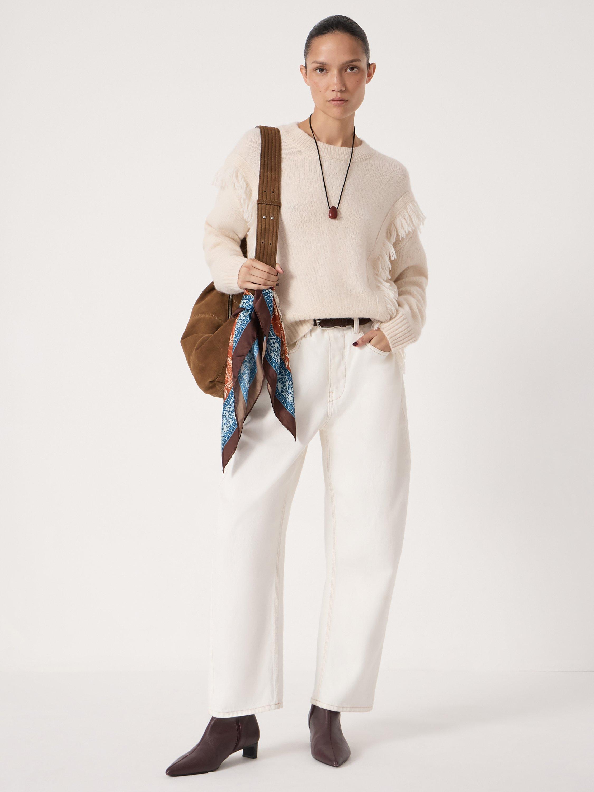 Product image 1 of 4, which shows HUSH Wool Blend Fringe Crew Neck Jumper, Off White, M-L