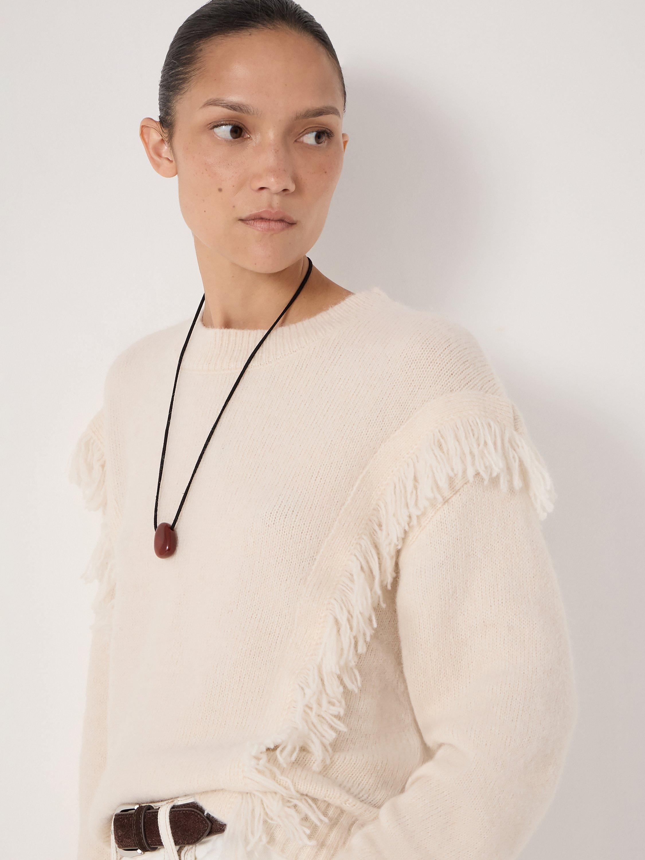 Product image 2 of 4, which shows HUSH Wool Blend Fringe Crew Neck Jumper, Off White, M-L