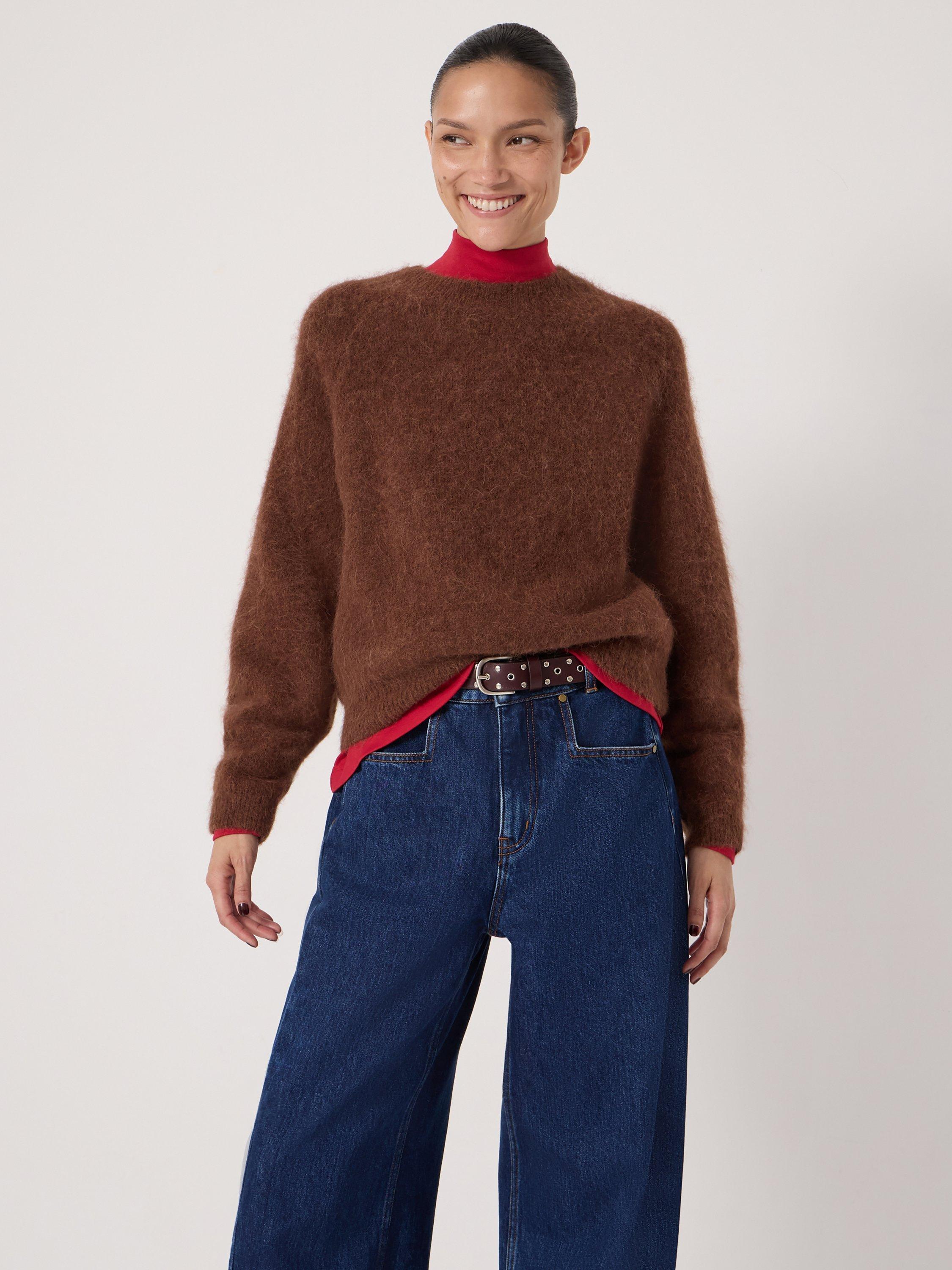 Product image 1 of 5, which shows HUSH Wool Blend Fluffy Crew Neck Jumper, Toffee Brown, L-XL