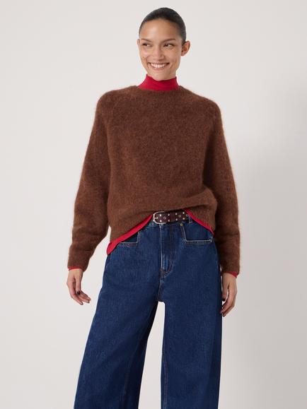 HUSH Wool Blend Fluffy Crew Neck Jumper, Toffee Brown