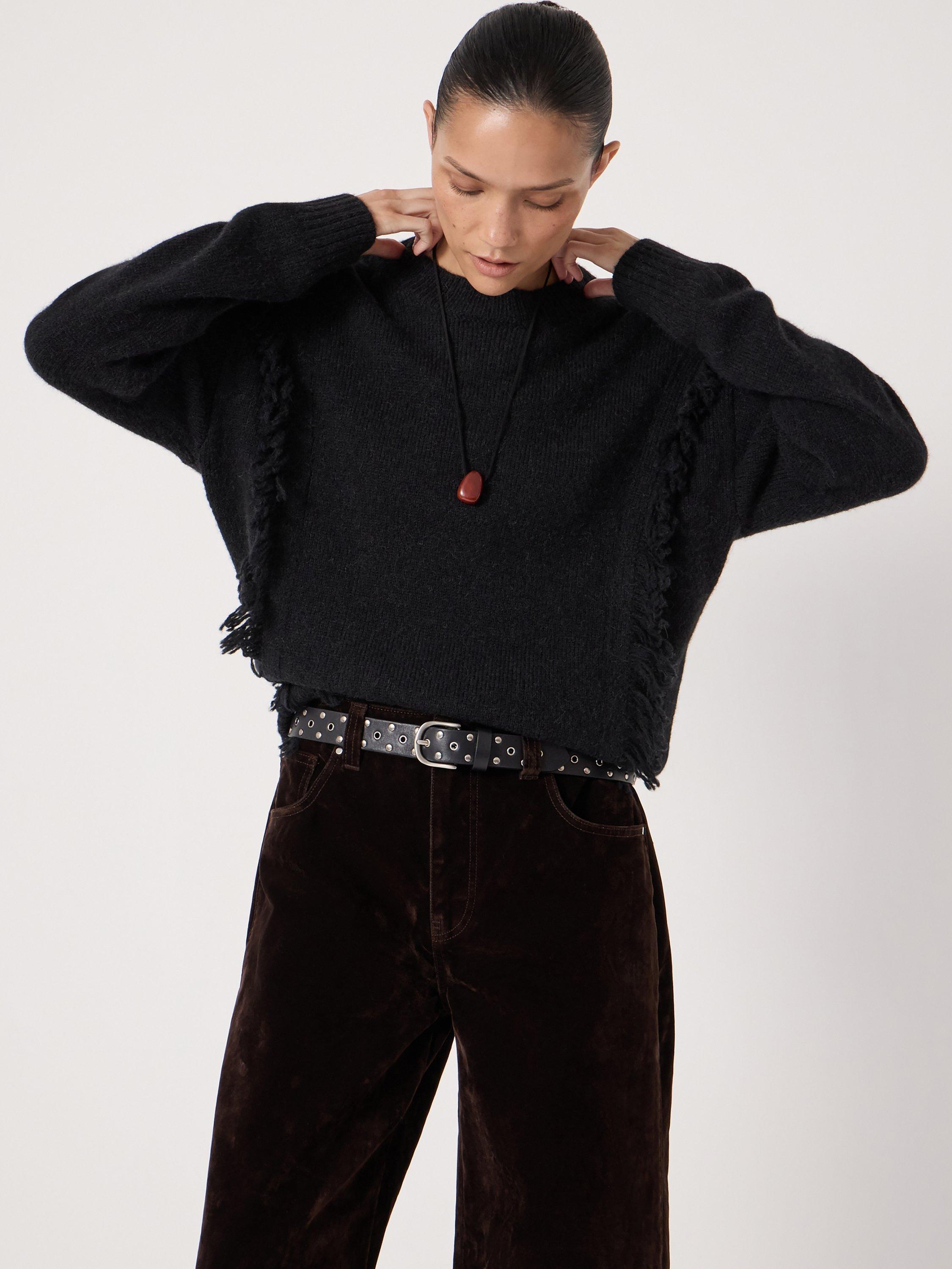 Product image 1 of 5, which shows HUSH Wool Blend Fringe Crew Neck Jumper, Black, L-XL