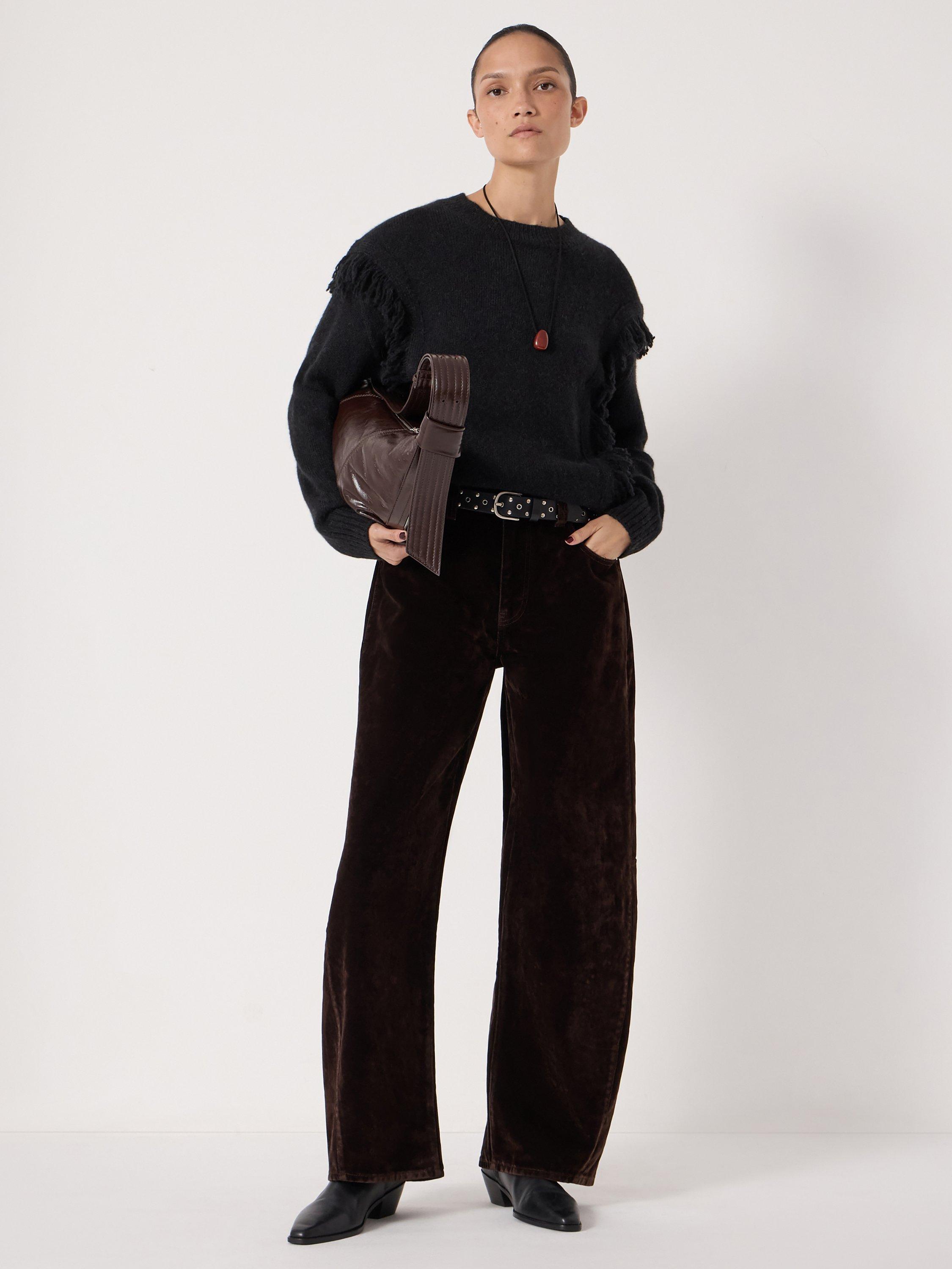 Product image 2 of 5, which shows HUSH Wool Blend Fringe Crew Neck Jumper, Black, L-XL