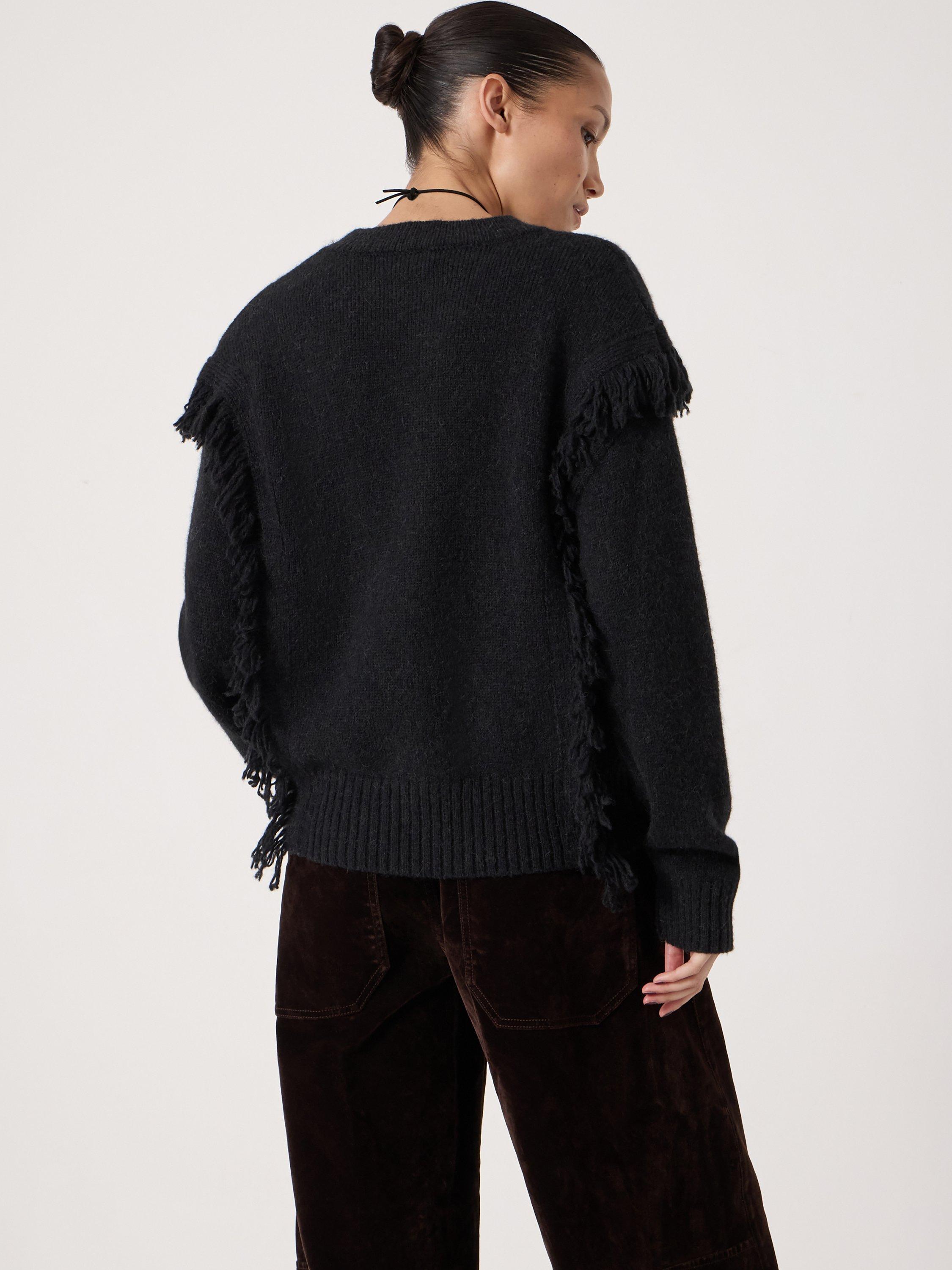Product image 3 of 5, which shows HUSH Wool Blend Fringe Crew Neck Jumper, Black, L-XL