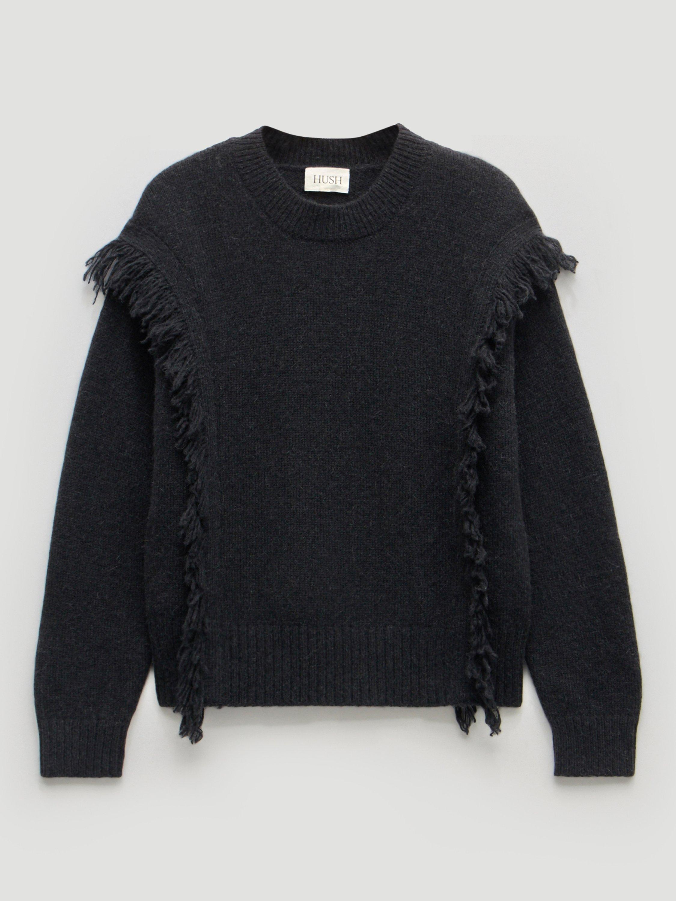 Product image 4 of 5, which shows HUSH Wool Blend Fringe Crew Neck Jumper, Black, L-XL