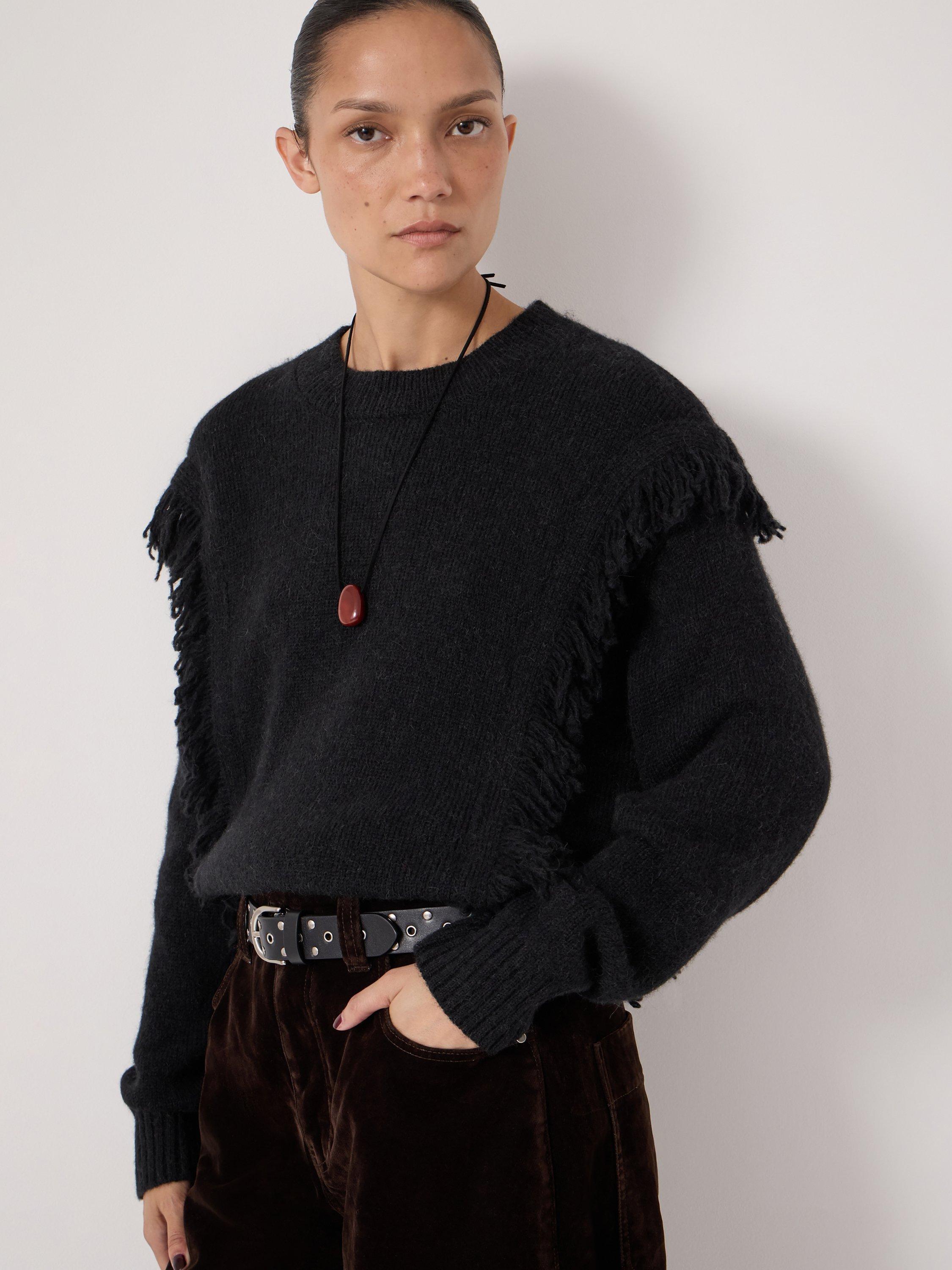 Product image 5 of 5, which shows HUSH Wool Blend Fringe Crew Neck Jumper, Black, L-XL