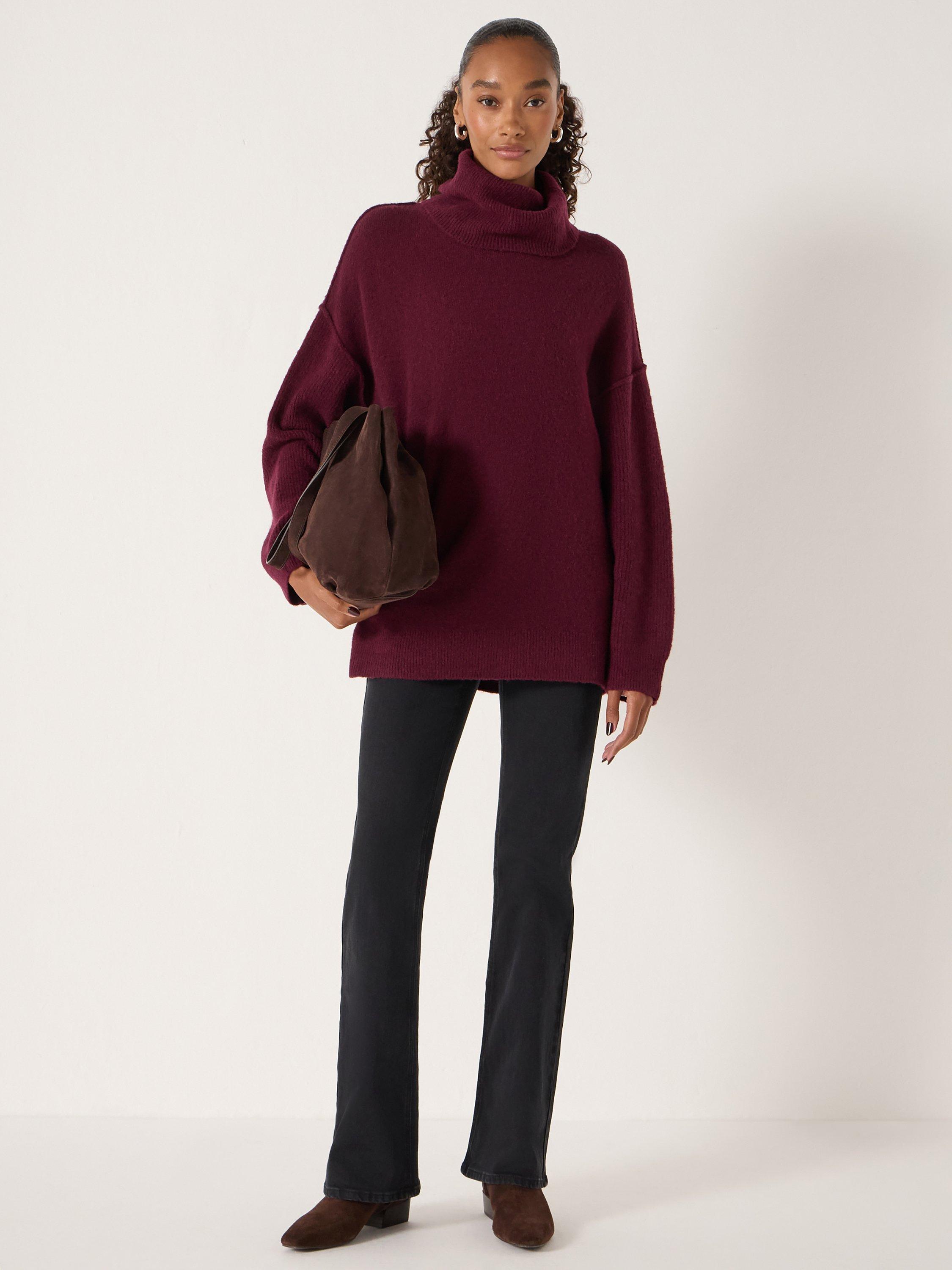 Product image 1 of 5, which shows HUSH Meryl Roll Neck Wool Blend Jumper, Burgundy Red, S-M