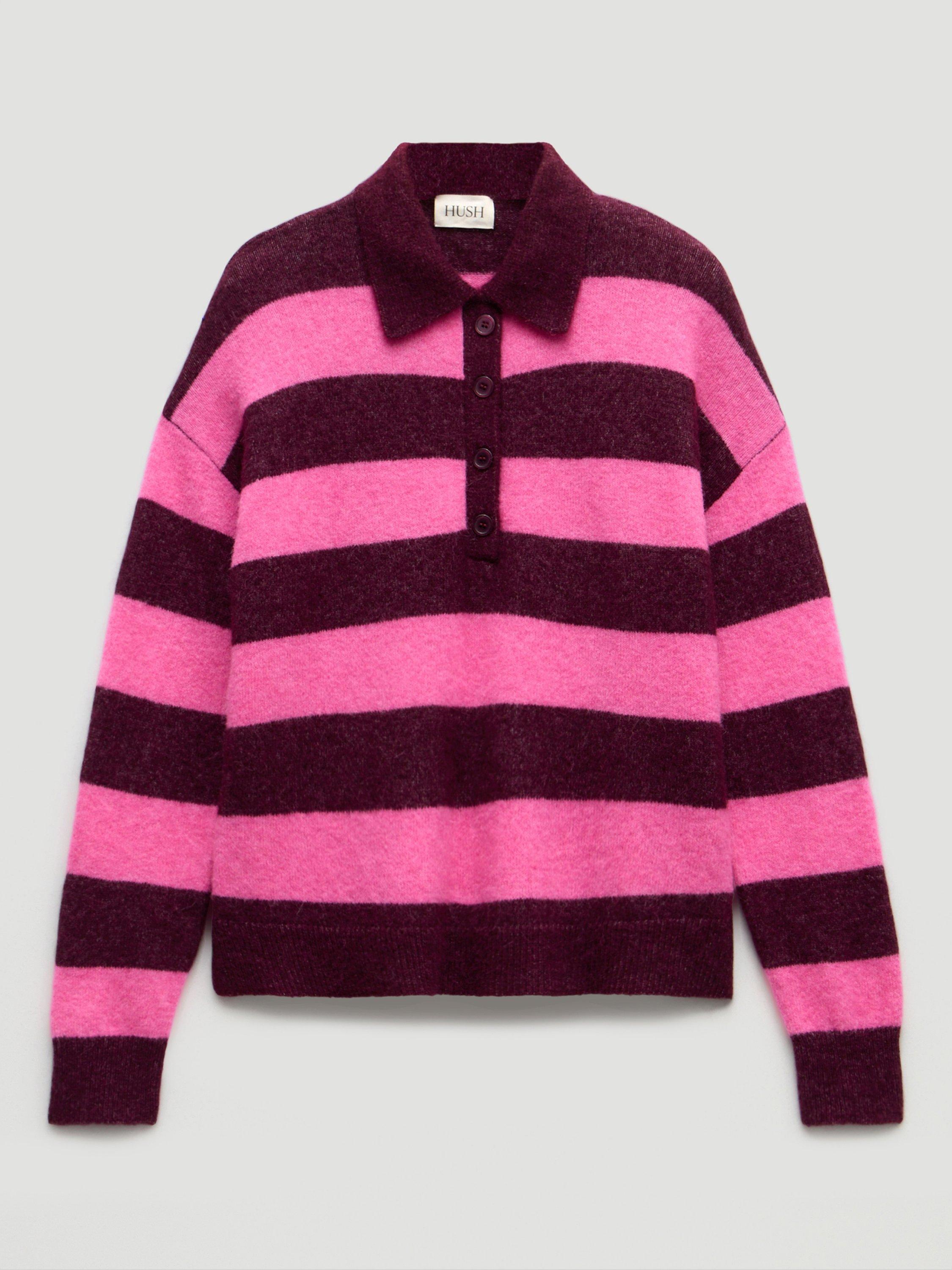 Product image 4 of 5, which shows HUSH Striped Wool Blend Rugby Jumper , Burgundy Purple, L-XL